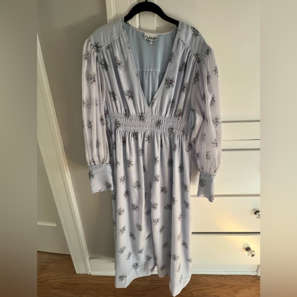 Ganni puff sleeve floral midi dress